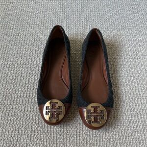 Tory Burch Black and Brown Flats with Gold Logo